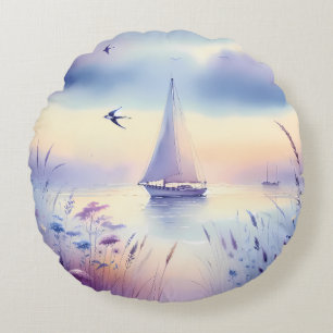 Pastel Sailboat Coastal Dreamscape Round Cushion