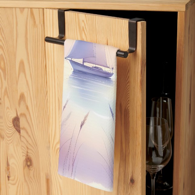 Pastel Sailboat Coastal Dreamscape Tea Towel (Thirds Fold)