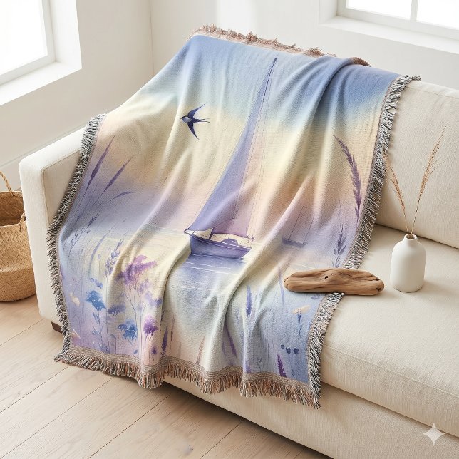 Pastel Sailboat Coastal Dreamscape Throw Blanket (Pastel Sailboat Coastal Dreamscape Throw Blanket)