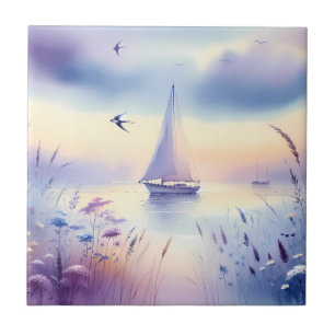 Pastel Sailboat Coastal Dreamscape Tile