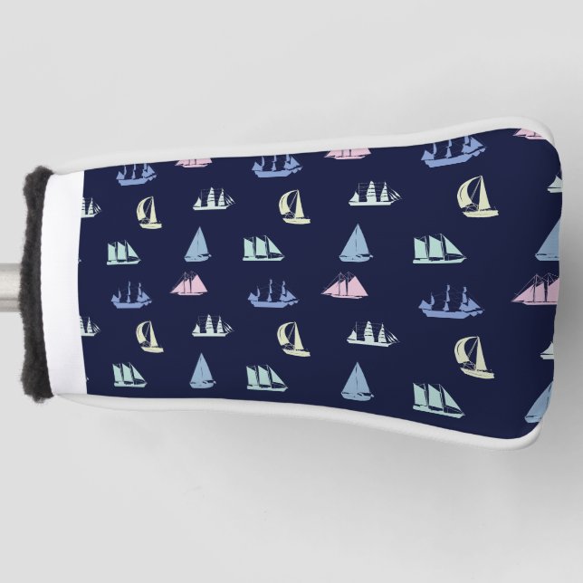 Pastel Sailboat Pattern on Midnight Blue Golf Head Cover (Front)