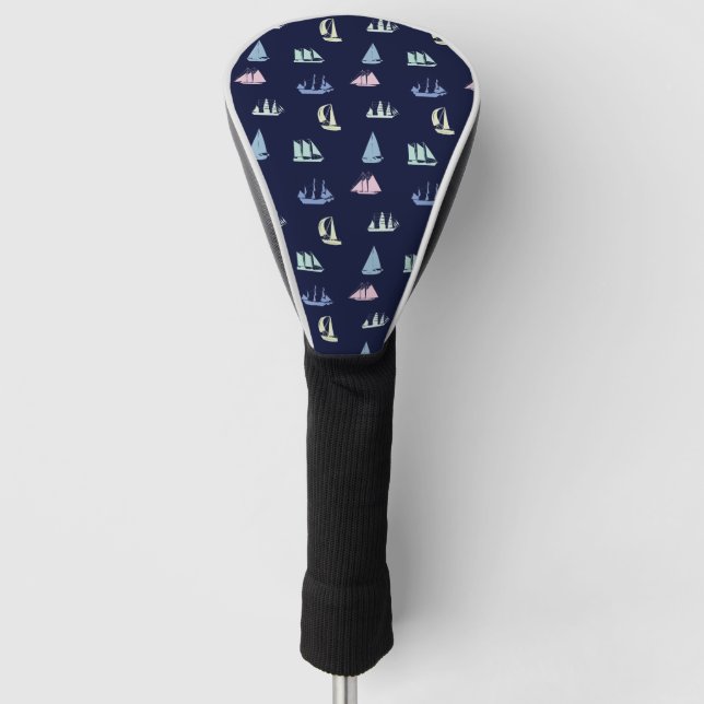 Pastel Sailboat Pattern on Midnight Blue Golf Head Cover (Front)
