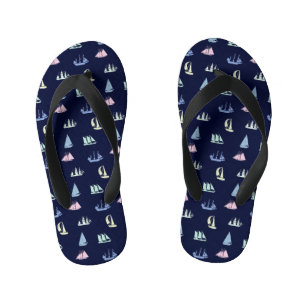 Pastel Sailboat Pattern on Midnight Blue Kid's Flip Flops