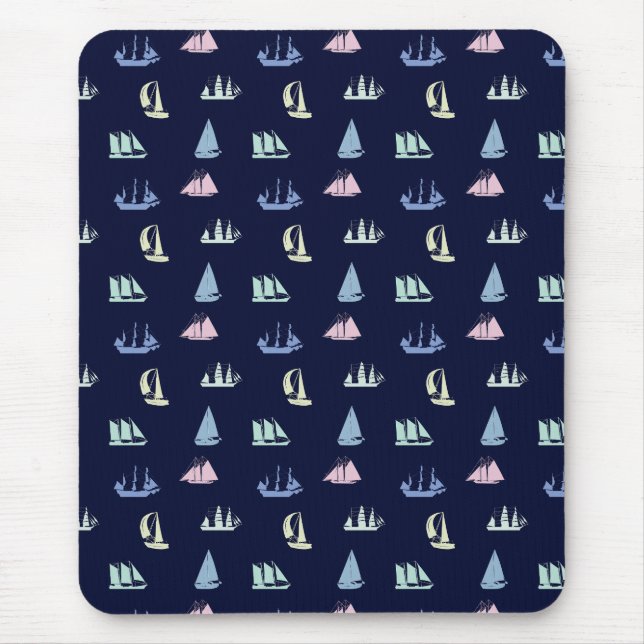Pastel Sailboat Pattern on Midnight Blue Mouse Mat (Front)