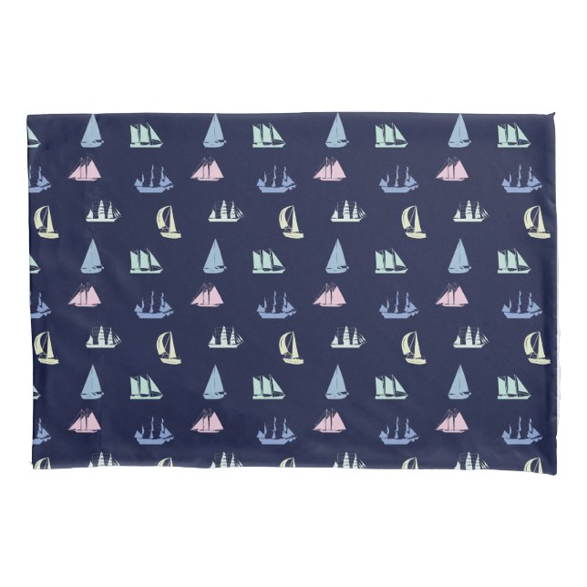 Pastel Sailboat Pattern on Midnight Blue Pillowcase (Front)