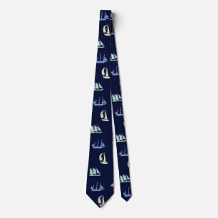 Pastel Sailboat Pattern on Midnight Blue Tie