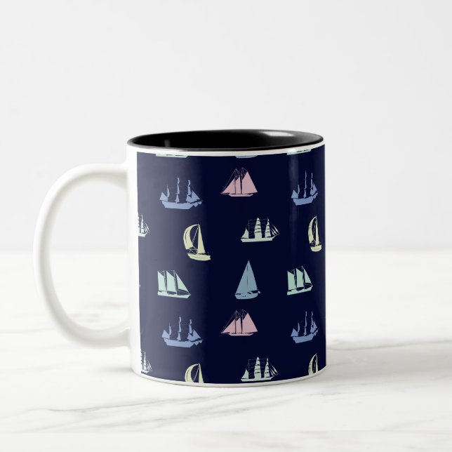 Pastel Sailboat Pattern on Midnight Blue Two-Tone Coffee Mug (Left)