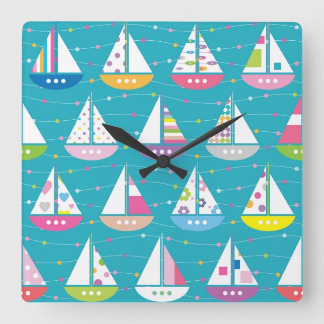 Pastel Sailboat Pattern Square Wall Clock (Front)