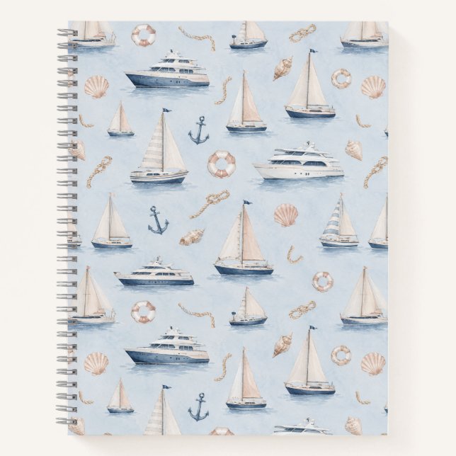 Pastel Sailboat Watercolor Nautical Pattern Notebook (Front)