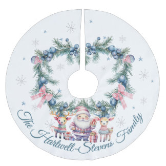 Pastel Santa With His Reindeer & Christmas Foliage Brushed Polyester Tree Skirt