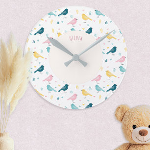Pastel Scandi Birds Pattern Custom Name Nursery Round Clock