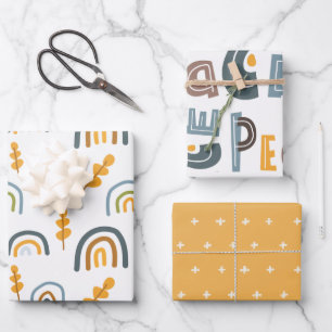 Pastel Scandi Rainbow Tree Text Peace Christmas Wrapping Paper Sheet