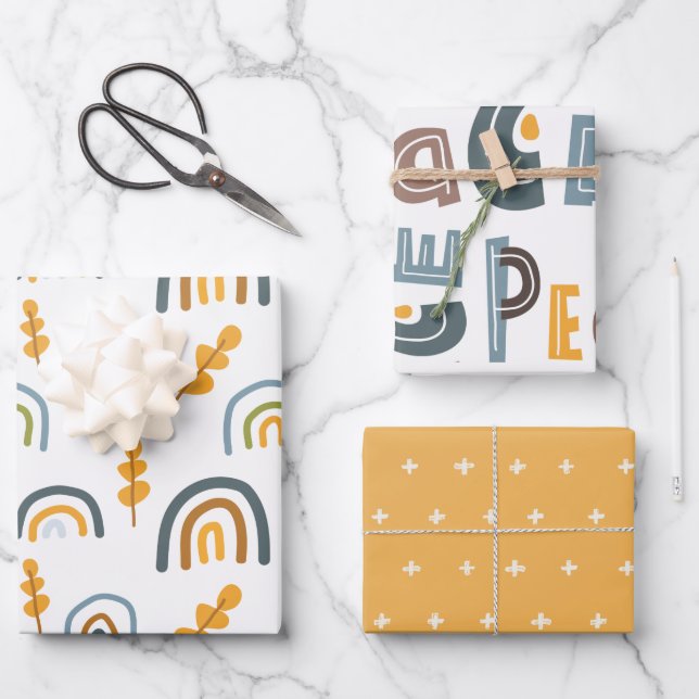 Pastel Scandi Rainbow Tree Text Peace Christmas Wrapping Paper Sheet (Front)