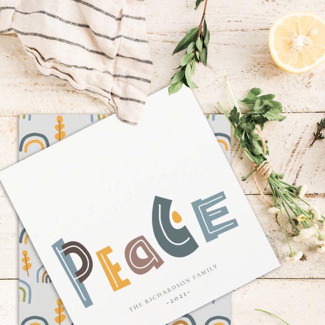 Pastel Scandi Yellow Grey Text Peace Christmas Holiday Card (Creator Uploaded)