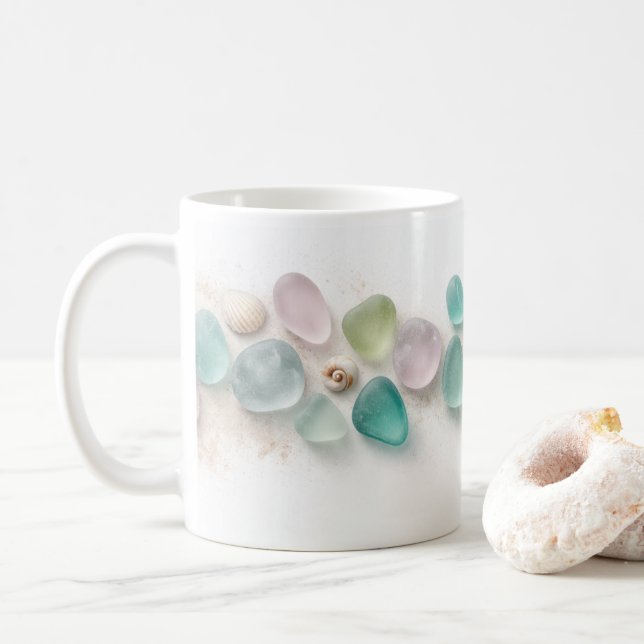Pastel Sea Glass & Shells Minimalist Mug (With Donut)