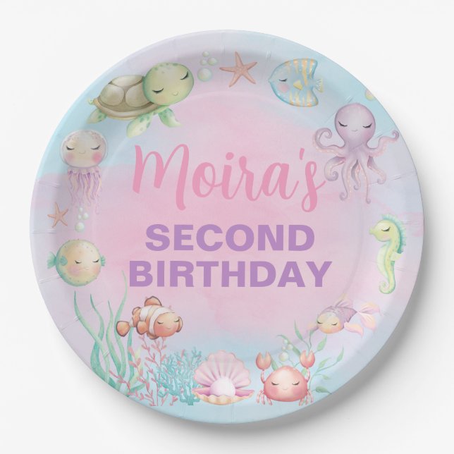 Pastel sea life girl birthday paper plates. paper plate (Front)