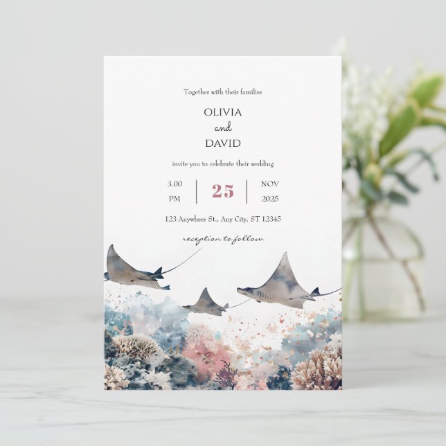 Pastel Sea Marine Life Coral Reef Beach Wedding  Invitation (Standing Front)