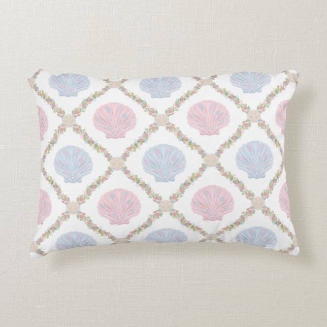Pastel Seashell Coastal Beach Lattice Pattern Decorative Cushion (Front)