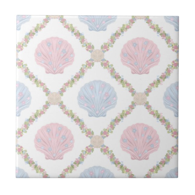 Pastel Seashell Coastal Beach Lattice Pattern Tile (Front)