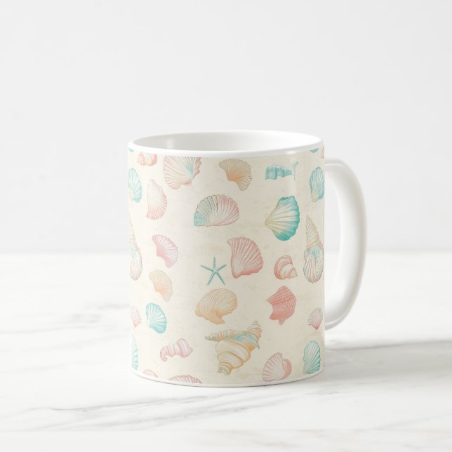 Pastel Seashell Starfish Blue Peach Coastal Coffee Mug (Front Right)