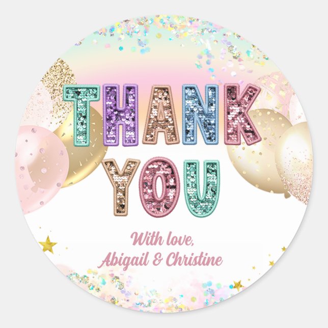 Pastel Sequin Glitter Thank You Classic Round Sticker (Front)