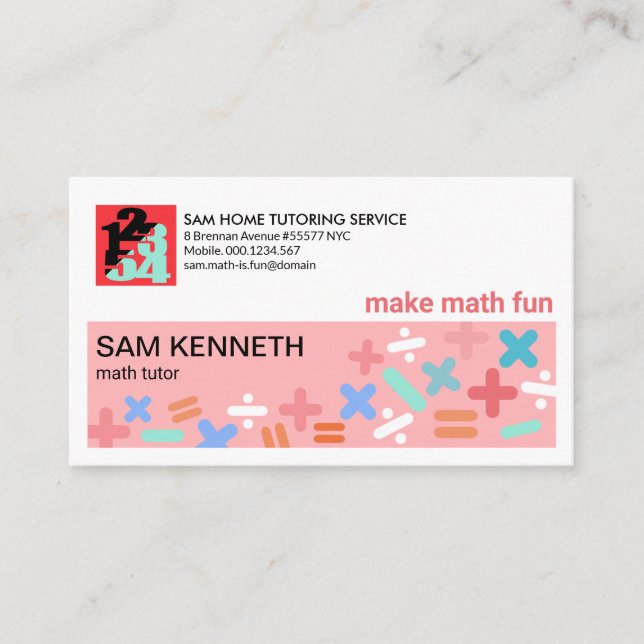 Pastel Shades Math Symbols Math Tutor Business Card (Front)