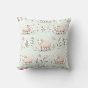 Pastel Sheep and Floral Pattern Throw Pillow