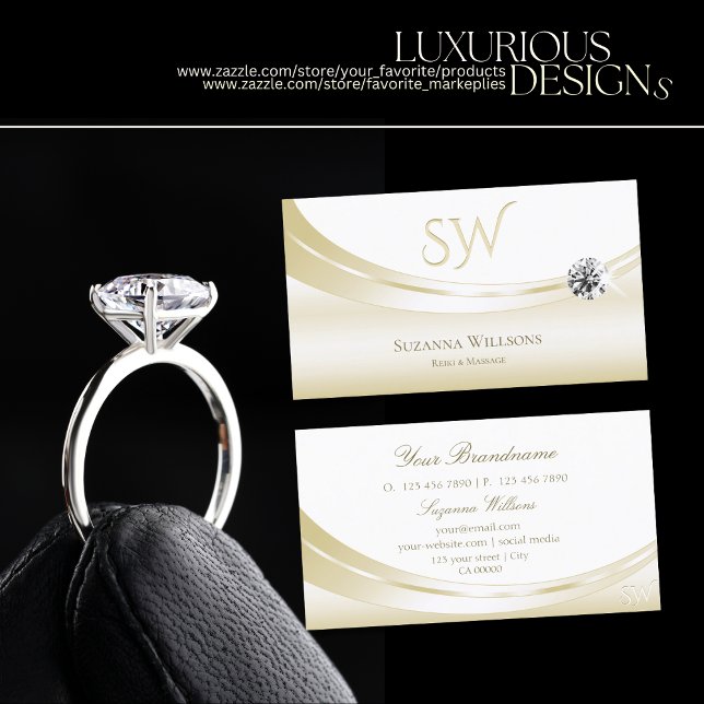 Pastel Silk Gold White with Monogram and Diamond Business Card (Creator Uploaded)