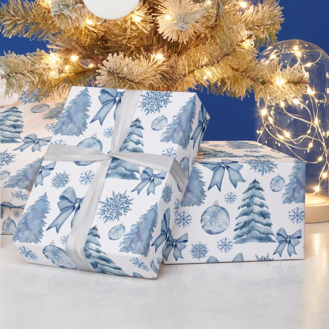 Pastel silver blue modern bows Christmas gift Wrapping Paper (Holidays)