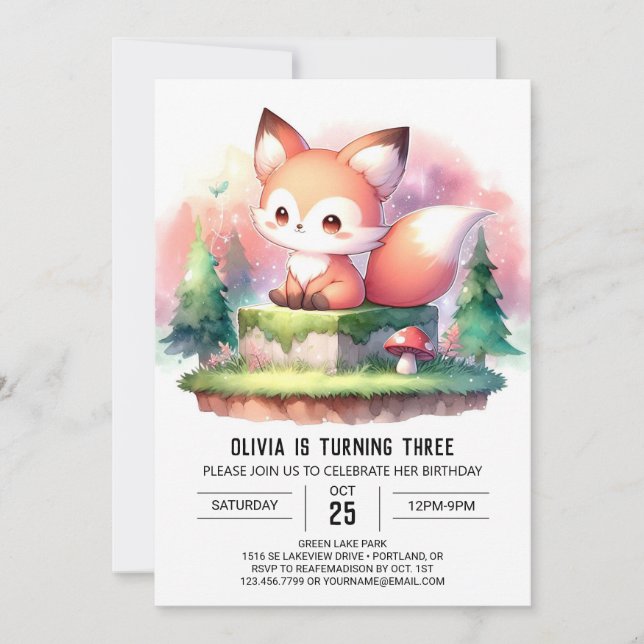 Pastel Simple Fox Birthday digital Invitation (Front)
