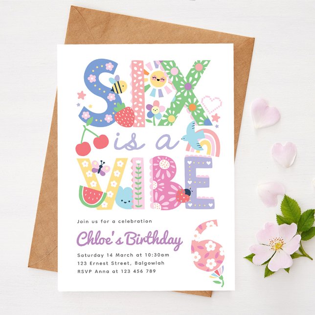Pastel Sixth Birthday Invite Girl, Six is the Vibe (Creator Uploaded)