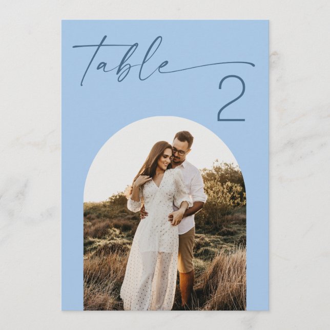 Pastel Sky Blue Coastal Photo Wedding Table Number (Front)