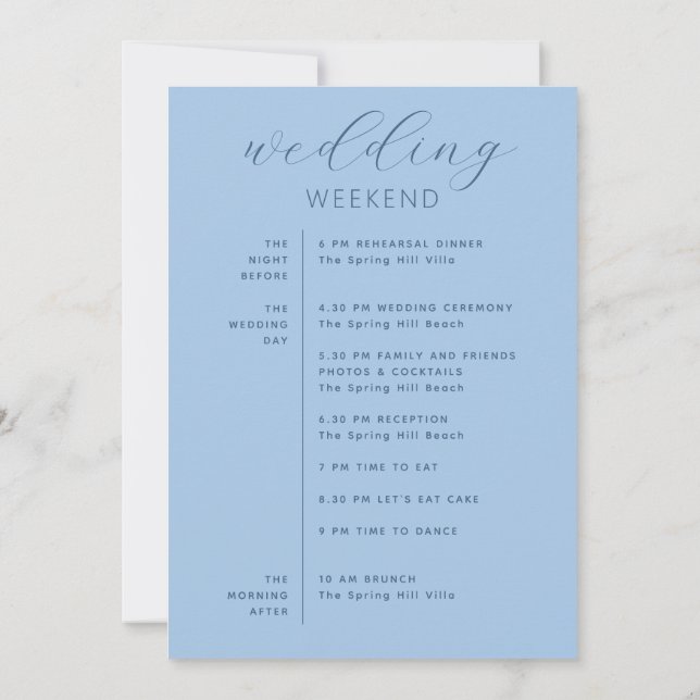 Pastel Sky Blue Destination Wedding Timeline Invitation (Back)