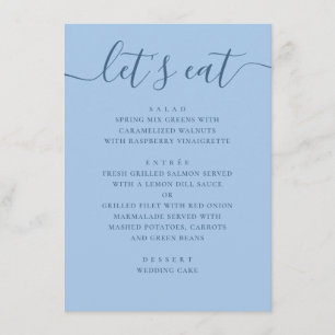 Pastel Sky Blue Wedding. Lets Eat Reception Dinner Menu