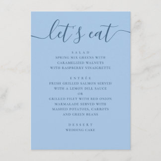 Pastel Sky Blue Wedding. Lets Eat Reception Dinner Menu