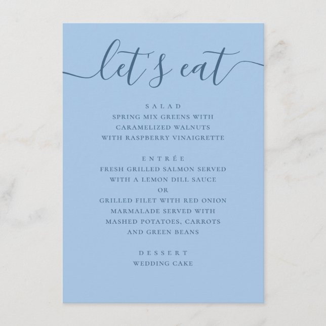 Pastel Sky Blue Wedding. Lets Eat Reception Dinner Menu (Front)