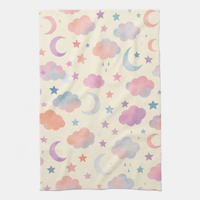 Pastel Sky Dreams – Moon, Stars & Clouds Pattern Tea Towel (Vertical)