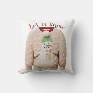 Pastel Snowman Ugly Christmas Sweater Throw Pillow