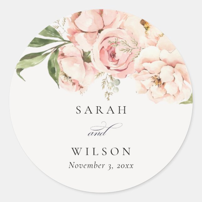 Pastel Soft Blush Peach Peony Floral Wedding Classic Round Sticker (Front)
