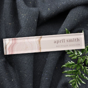 Pastel Soft Blush Rose Gold Agate Marble Texture Nameplate