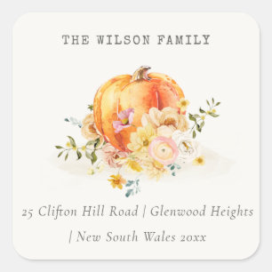 Pastel Soft Floral Pumpkin Thanksgiving Address Square Sticker