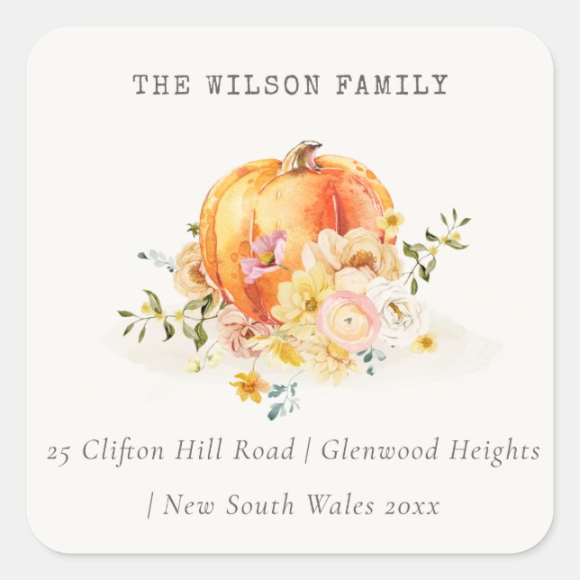 Pastel Soft Floral Pumpkin Thanksgiving Address Square Sticker (Front)