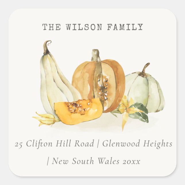 Pastel Soft Floral Pumpkin Thanksgiving Address Square Sticker (Front)