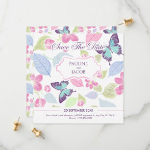 Pastel soft pink green leaves butterflies wedding save the date