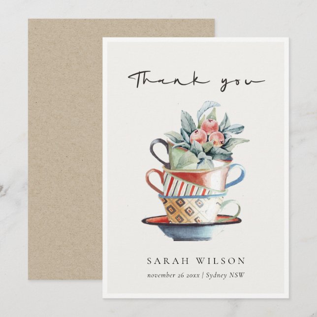 Pastel Soft Red Blue Stacked Cups Floral Tea Party Thank You Card (Front/Back)