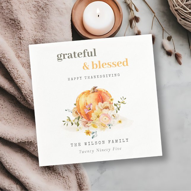 Pastel Soft Watercolor Floral Pumpkin Thanksgiving Napkin (Creator Uploaded)