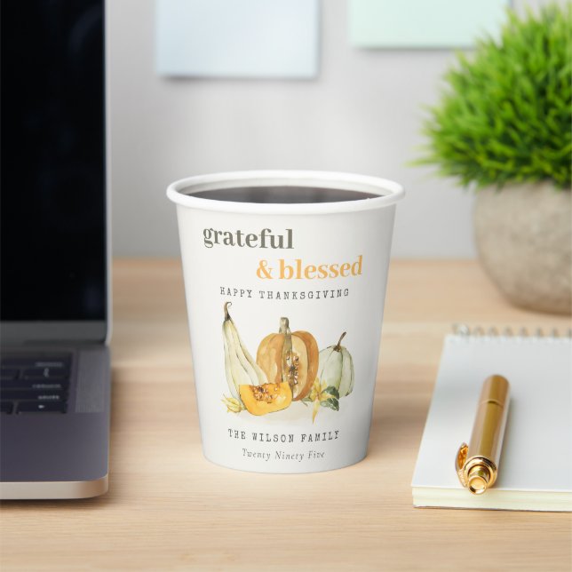 Pastel Soft Watercolor Floral Pumpkin Thanksgiving Paper Cups (Insitu)