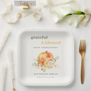 Pastel Soft Watercolor Floral Pumpkin Thanksgiving Paper Plate