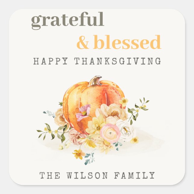 Pastel Soft Watercolor Floral Pumpkin Thanksgiving Square Sticker (Front)