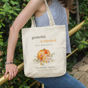 Pastel Soft Watercolor Floral Pumpkin Thanksgiving Tote Bag